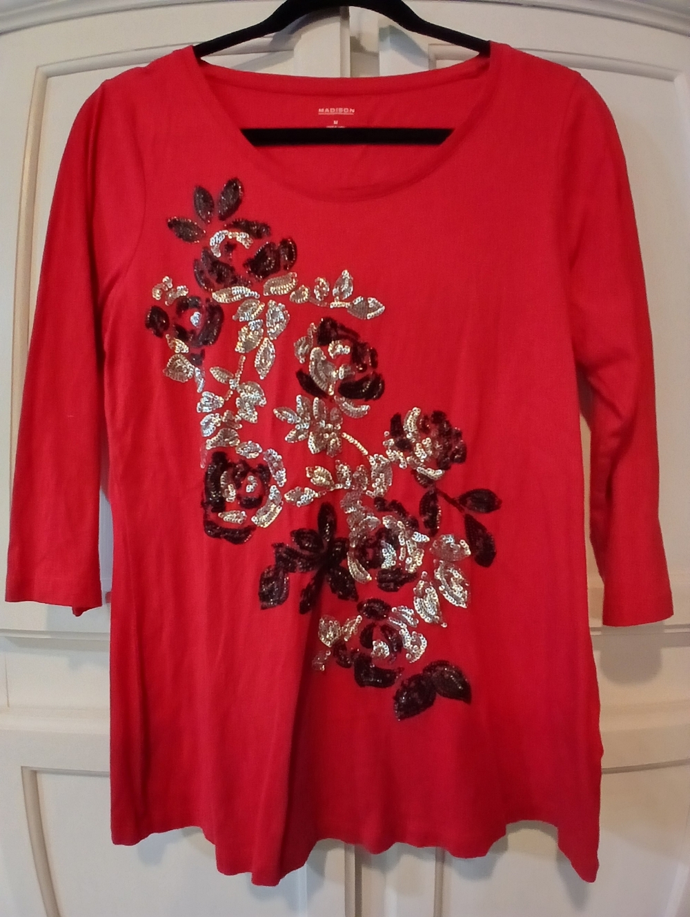 Cotton/Modal blend top, Madison, red floral sequin embellished 3/4 sleeve M